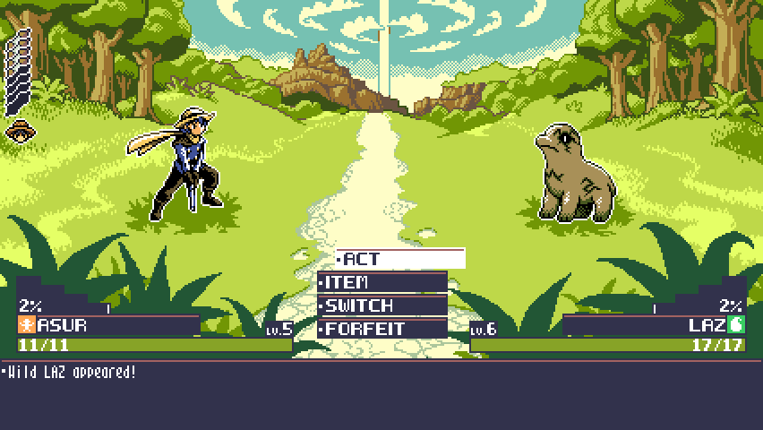 Dusty old revolver in hand, Asur can fight monsters himself. Though it doesn't do much against a lot of the tougher monsters you'll see throughout the Crown Nation, it's better than nothing.
Just know, if Asur falls in battle, it's GAME OVER, and you'll need to load a save!