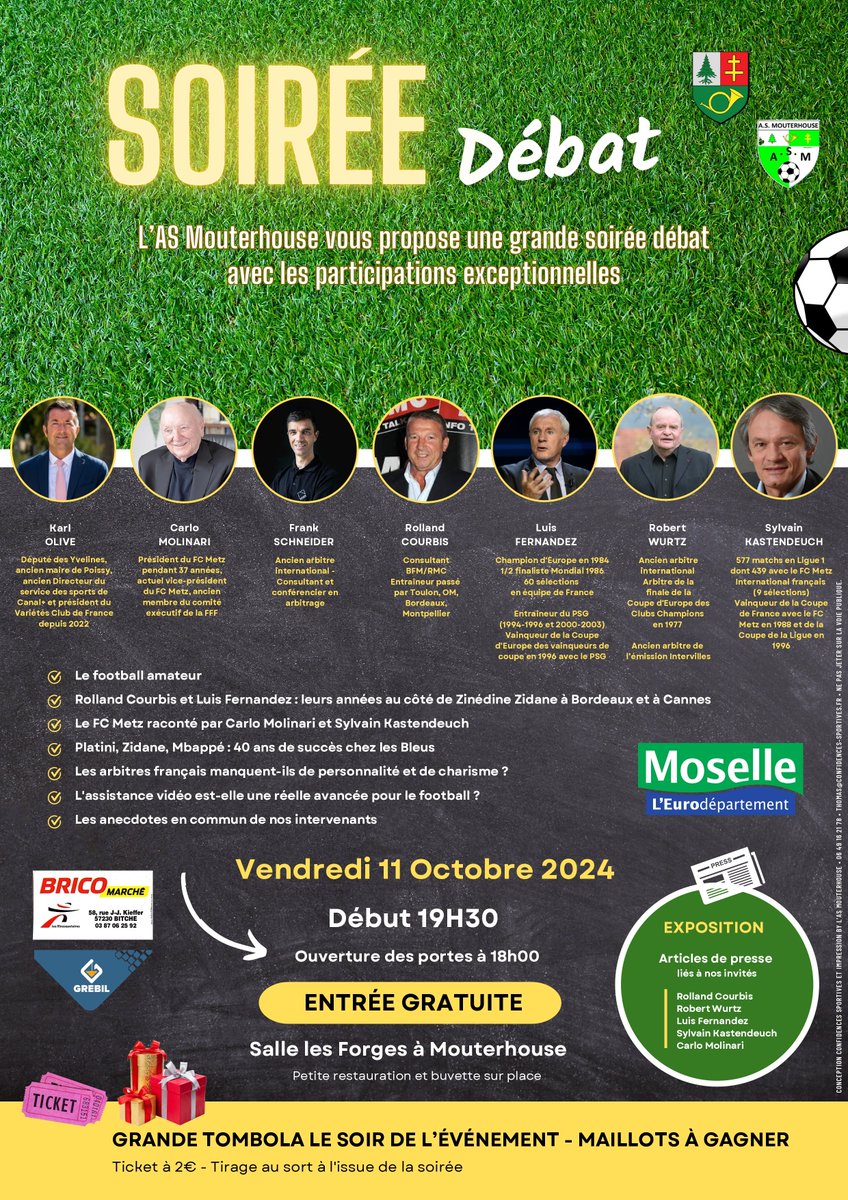 SCHNEIDERLionel's tweet photo. Dans un peu plus de 10 jours, l'AS Mouterhouse aura l'honneur et l'immense plaisir d'accueillir plusieurs grandes personnalités du football français dans le cadre d'une soirée débat autour du football. @rollcourbis @Fernandez_beIN @KARLOLIVE https://t.co/AwPnkYUR40