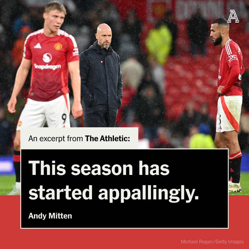 TheAthleticFC's tweet photo. There is no easy solution to Manchester United's cycle of decline but support from fans for Erik ten Hag has evaporated after the lowest moment of his tenure, writes @AndyMitten.

#MUFC