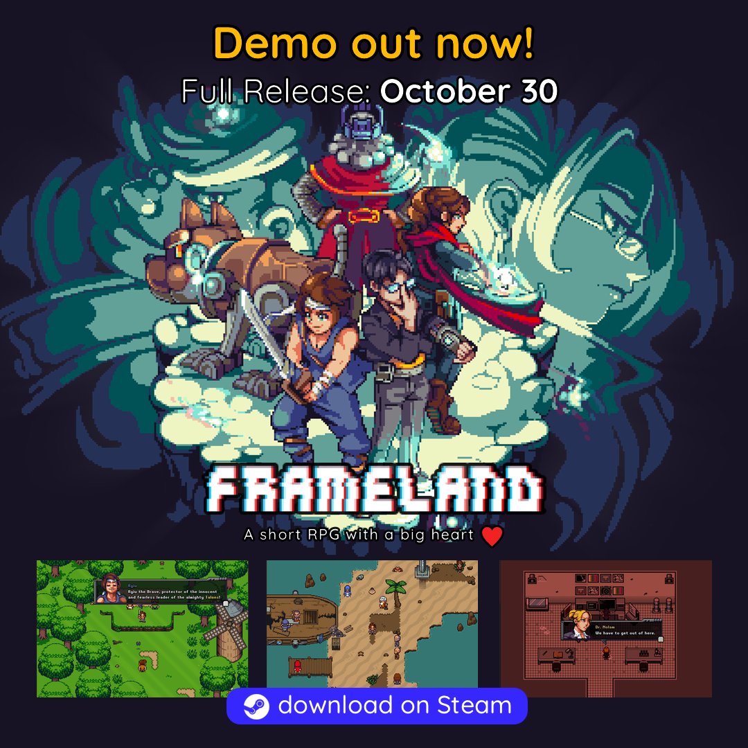 🌟 Frameland will be part of the Turn-Based RPG Fest on #Steam starting today!
🎮 Play the demo and tell us what you think :)
🇺🇸🇩🇪 The demo is available in English &amp; German.

🚀 Release Date: October 30 🚀
Also excited to announce that Frameland finally has a release date!
🧵...