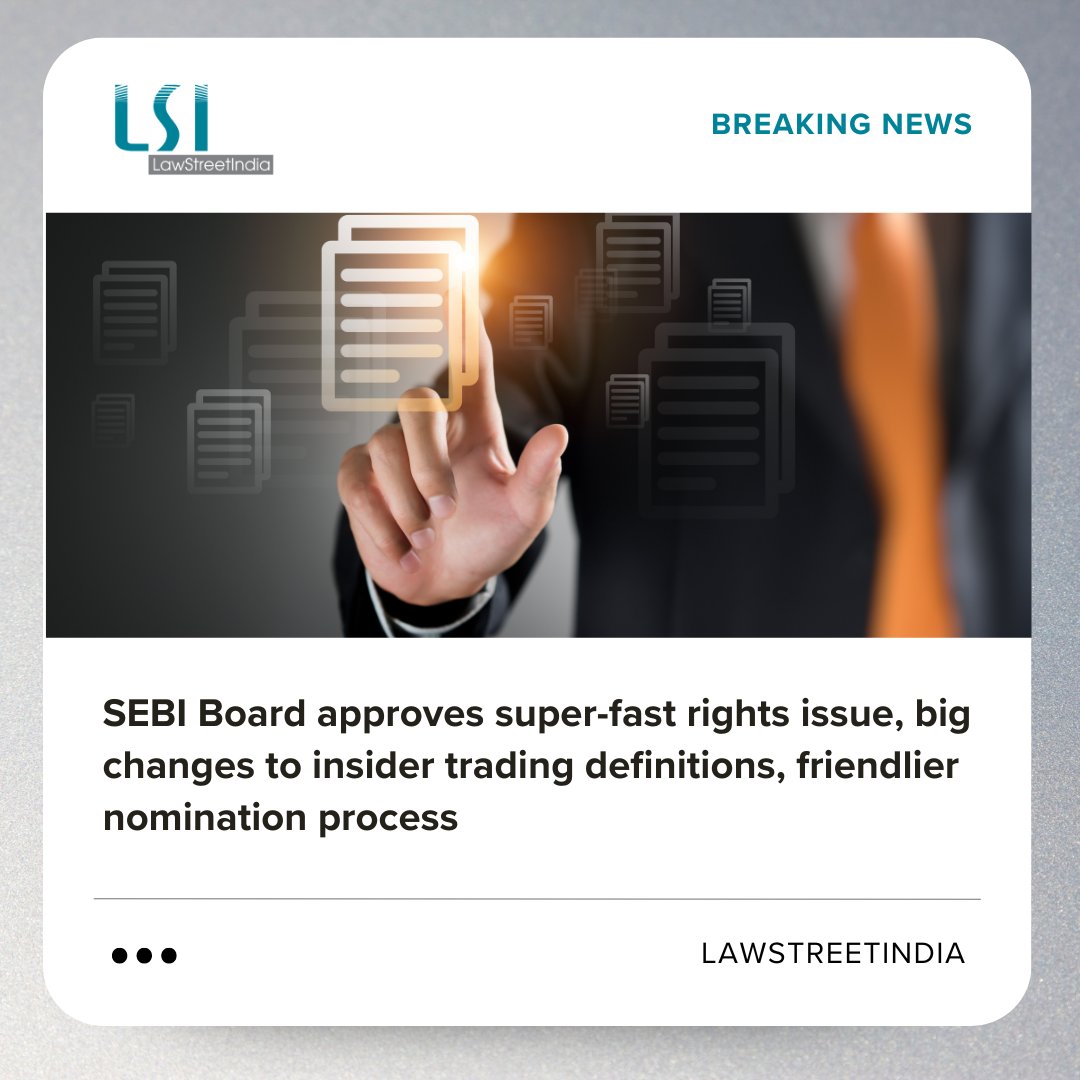 LawStreetIndia's tweet image. SEBI Board, pursuant to its meeting, issues a 23 pages press release outlining the decisions taken today...

Read the press release &amp;gt;&amp;gt; buff.ly/3zI1SZ7

#LawStreetIndia #LSI #Taxsutra #SEBI #pressrelease #rightsissue #insidertrading