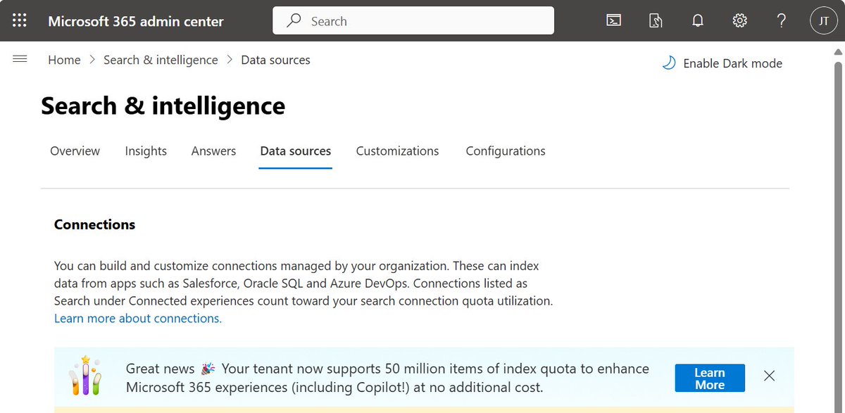 You may have noticed in Search &amp; Intelligence | Data Sources in Microsoft Admin Center...Graph Connectors 
"Your tenant now supports 50 million items of index quota to enhance Microsoft 365 experiences (including Copilot!) at no additional cost."

Thank you for sharing feedback!