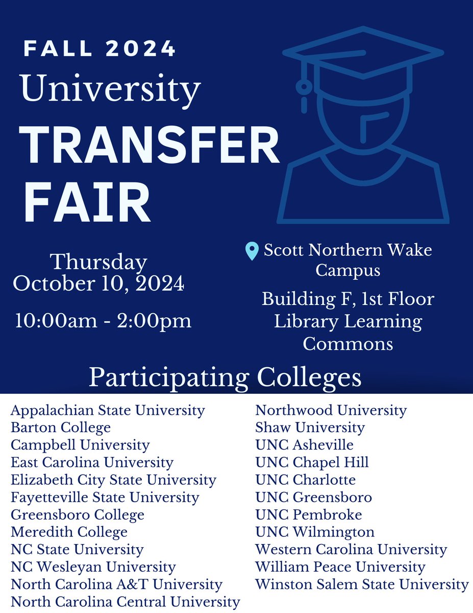 Save the date for the Fall 2024 University Transfer Fair! Come speak with local college/university admissions reps. to learn more about the transfer process.

📍Scott Northern Wake Campus, Bldg. F, 1st Floor Library Learning Commons

📅 Thursday, October 10th

🕗10am-2pm
