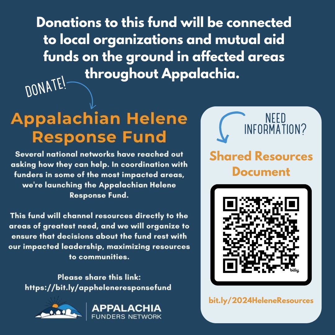 Whether you want to donate or get more info, there are resources available! The Appalachian Helene Response Fund (bit.ly/apphelenerespo…) is a collaborative effort organized by AFN at the specific request of funders and organizations in the area, many of whom are still | 1/2