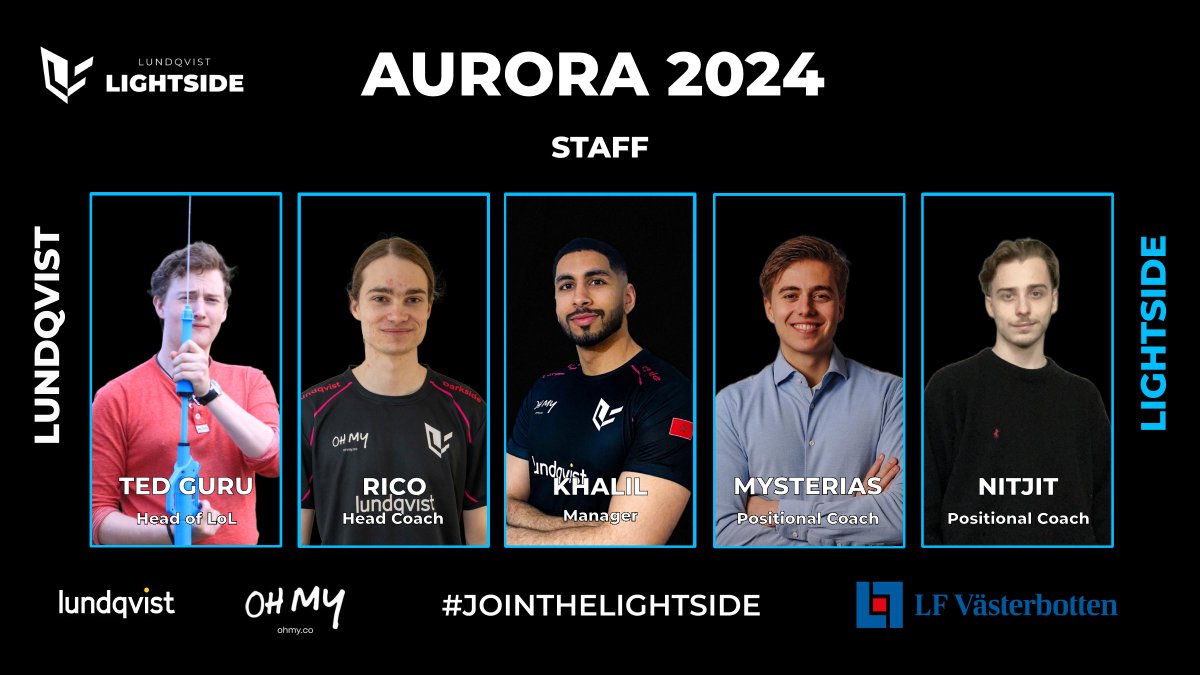LightsideSWE's tweet image. 🔵LIGHTSIDE AURORA 2024 STAFF🔵

Please give a warm welcome to our staff for the upcoming Aurora Cup, kicking off tomorrow!

Head of LoL: 🇸🇪 @Ted_Guru 
Head Coach: 🇨🇭@rico2580 
Manager: 🇲🇦 @khalil13457 
Pos. Coach: 🇳🇱 @mysteriaslol 
Pos. Coach: 🇫🇷 @Nitjit_ 🥰

#JoinTheLightside