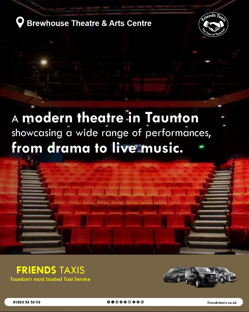 FriendsTaxis's tweet image. Located in Taunton, the Brewhouse Theatre offers a variety of performances including drama, comedy, live music, and dance.

Friends Taxis Taunton 

Ready to explore? Book now!
✔01823 53 53 53 |friendstaxis.co.uk

#TauntonTaxis #FriendsTaxis #SomersetExplorers #brewhouse