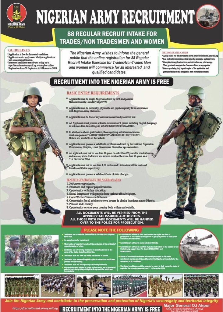 HQNigerianArmy's tweet photo. PUBLIC ANNOUNCEMENT FOR 
NIGERIAN ARMY 88 REGULAR RECRUIT INTAKE 

RECRUITMENT IS FREE!

https://t.co/KSbQYOAor5 https://t.co/RUHeKYp7Cr