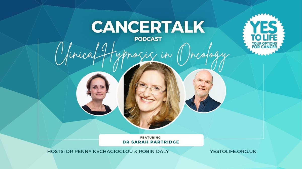 Yes to Life (@yestolife) on Twitter photo Dr Sarah Partridge is a Clinical Oncologist specialising in head & neck cancers &
thinks that #ClinicalHypnosis has an important role to play in oncology
Cancertalk Podcast Series 2 Ep 12 “Clinical Hypnosis in Oncology”
with <a href="/pkehagioglou/">Penny Kechagioglou</a> & <a href="/RMK_Daly/">Robin Daly, MBE</a>
yestolife.org.uk/podcasts Dr Sarah Partridge is a Clinical Oncologist specialising in head & neck cancers &
thinks that #ClinicalHypnosis has an important role to play in oncology
Cancertalk Podcast Series 2 Ep 12 “Clinical Hypnosis in Oncology”
with <a href="/pkehagioglou/">Penny Kechagioglou</a> & <a href="/RMK_Daly/">Robin Daly, MBE</a>
yestolife.org.uk/podcasts