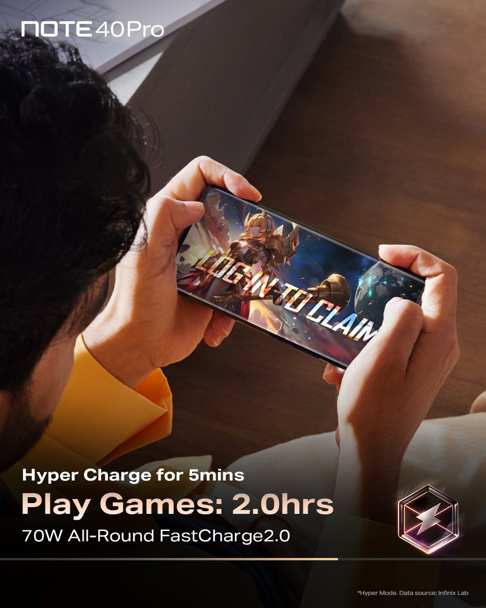 InfinixGhana's tweet photo. Quick boost, endless fun. Get back in the game with just 5 minutes of Hyper Charge for 2 hours 🙀 of non-stop gaming.
Available nationwide, get your Note 40Pro today. #70WFastCharge #Note40Series #MondayMotivaton https://t.co/FAZPacz8Rf