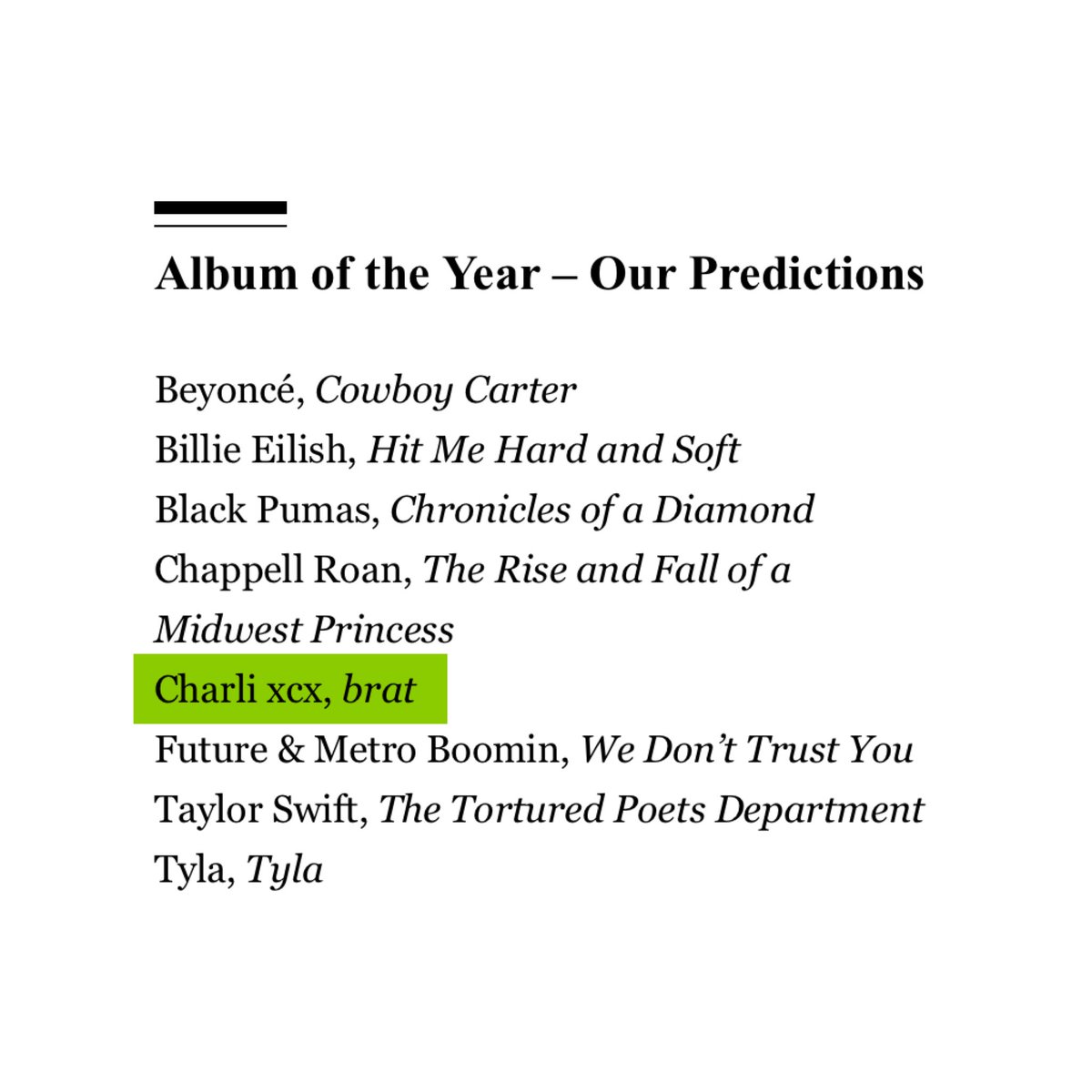infocharlixcx's tweet image. ‘BRAT’ by Charli xcx will be nominated for Album of the Year at the Grammy’s, according to Rolling Stone.