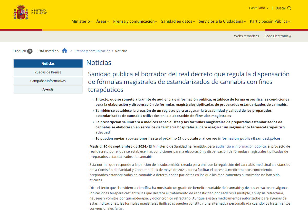 ❗️❗️Publicado el borrador del RD por el que se establecen las condiciones para la elaboración y dispensación de fórmulas magistrales tipificadas de preparados estandarizados de cannabis <a href="/sanidadgob/">Ministerio de Sanidad</a> 

🏥La elaboración y dispensación se limita a servicios de farmacia hospitalaria