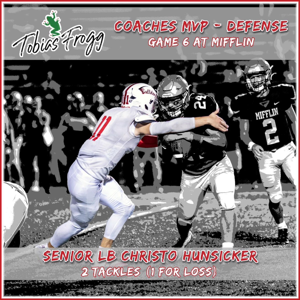 🐸 Back again with 2️⃣ more MVPs for 2️⃣ more wins! 🍗🍖🥓

The coaching staff has selected senior DL Junior Catul as MVP for his game 5 performance vs Cedar Crest last week. And for the game 6 rivalry win at Mifflin on Friday the coaches have tabbed senior LB Christo Hunsicker