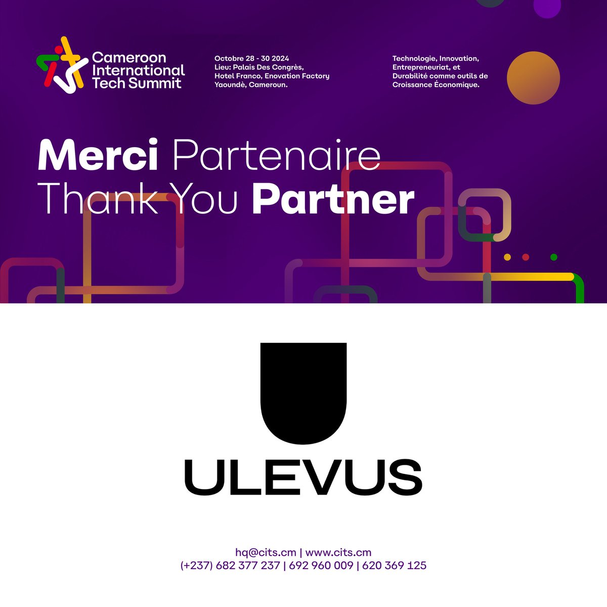 Thank you, Ulevus for being a Key Partner to #CITS24!

Visit cits.cm to register your interest
 
#cits24 #tech #innovation #entrepreneurship #startup #Cameroon #sustainability #africa #giz #germancooperation #unsustainablegoals #pnudcameroun #mountainhub #ulevus