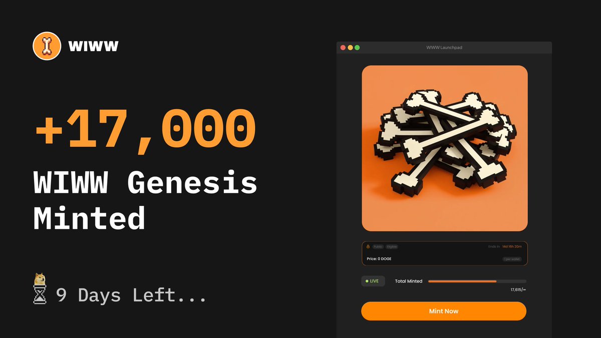 WIWW_DRC20's tweet image. Hurry up before it’s gone! 🚨
Over 17,000 WIWW Genesis NFTs have already been minted, and the clock’s ticking fast…
You’ve got just 9 days left to claim yours and join the OG ranks of $WIWW 🫵
wiww.org
Don’t sleep on this, fam!