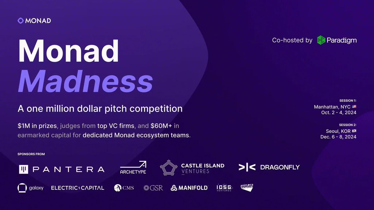 monad's tweet image. The biggest Monad event ever
Monad Madness, Wed to Fri this week (Oct 2-4)
If you are in NYC and want to check out the future of the Monad ecosystem, reach out to a Monad Labs team member for an invite