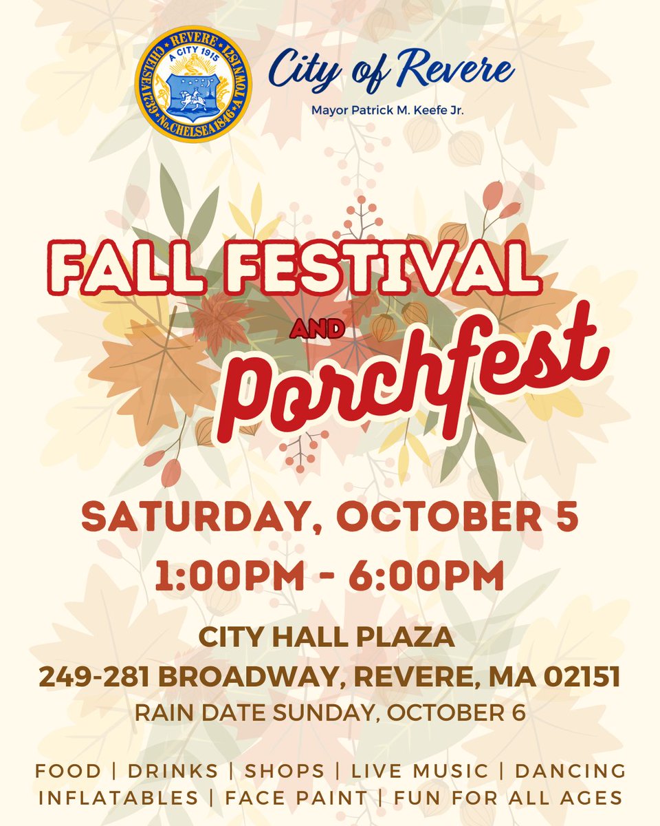 City of Revere, Massachusetts (@revere311) on Twitter photo <a href="/MayorKeefeJr/">Mayor Patrick Keefe Jr.</a> cordially invites you to the City of Revere's Fall Festival, this Saturday, October 5th. We look forward to seeing you!
#FallFestival #FamilyFun #RevereMa <a href="/MayorKeefeJr/">Mayor Patrick Keefe Jr.</a> cordially invites you to the City of Revere's Fall Festival, this Saturday, October 5th. We look forward to seeing you!
#FallFestival #FamilyFun #RevereMa