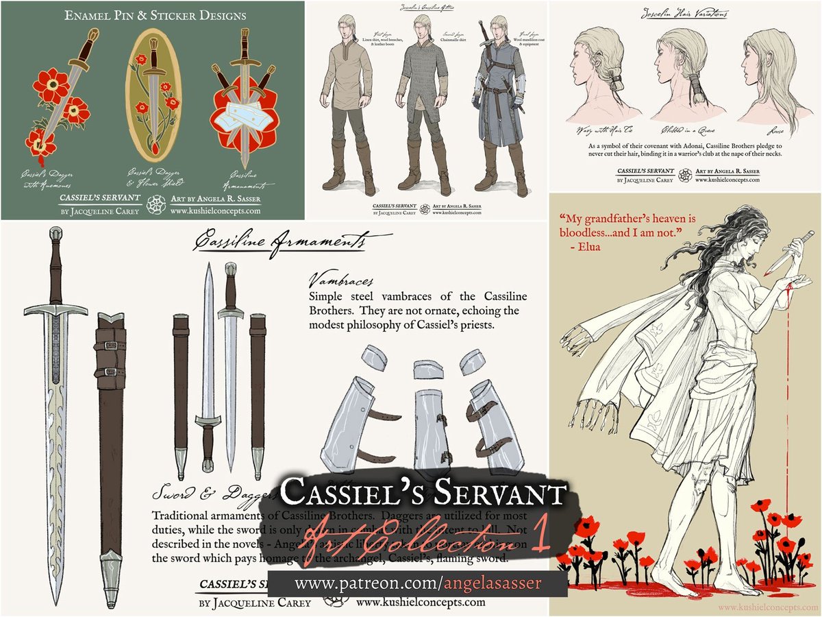 AngelaSasserArt's tweet image. The 1st post collecting all of the #CassielsServant art I&apos;ve made thus far is up for your viewing pleasure! Exploring Cassiline armaments, Elua, &amp;amp; pin designs. Also includes a digest of where to read my deep dives on each piece. @JCareyAuthor #KushielsLegacy #KushielsDart