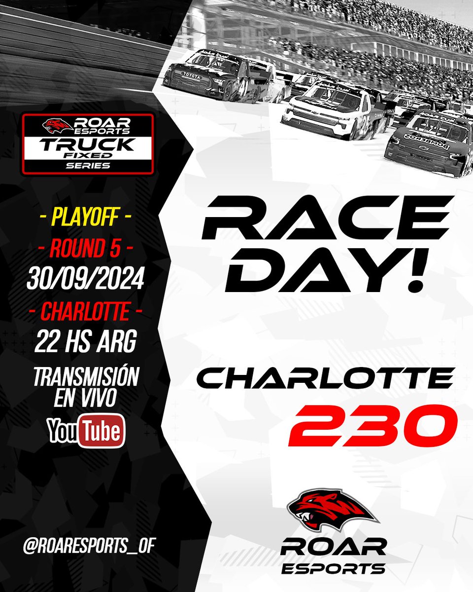 #ROARCUP 🔥TRUCK FIXED - ROUND 5 - PLAYOFF🔥

Primera fecha de los Playoff en la Truck Fixed y estamos en Charlotte 🔥

Aún estas a tiempo de ser parte, sumate en el siguiente link 🔥
🟥 Formulario de Inscripción - ROAR CUP - TRUCK FIXED - LUNES
forms.gle/LtcRSDnydNsTGs…

Broadcast