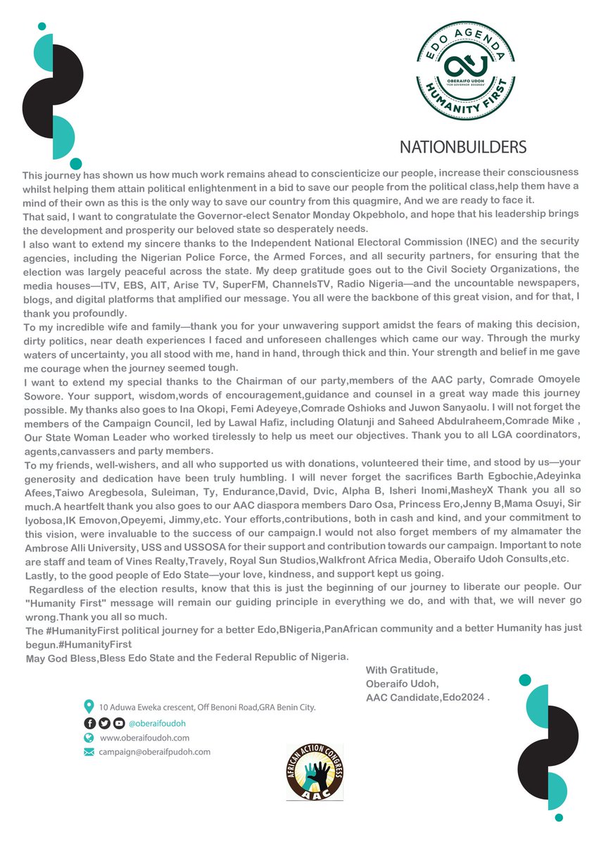 oberaifoudoh's tweet photo. After facing some sudden health challenges for sometime now, I’m finally able to release my statement on the Edo 2024 election. Better late than never.

Since February, we’ve fought through obstacles that could have broken even the strongest spirits. While the election results are in, I want to remind you that our movement is just beginning. In truth, the Edo election was rigged by the very people it sought to serve. I do not condemn them, for I understand the immense economic hardships they face daily. For many, selling their vote seemed like a lifeline. But we must not lose sight of the long-term cost of these short-term gains.

This journey has exposed just how much work remains ahead. We must raise the political consciousness of our people and help them break free from the grip of the ruling class. Only through this will we save our country and give our people the future they deserve.

I want to thank my family, the AAC team, and the amazing people of Edo State for standing with me. The fight for a better Edo, where humanity comes first, is far from over. 

The #humanityfirst journey to a better Edo state, Nigeria, PanAfrican society and a better Humanity starts now. 
Join the movement ! 

#oberaifoudoh
#nationbuilders
#AAC
#takeitback
#edoarise
#edo2024
#AACTheAlternative