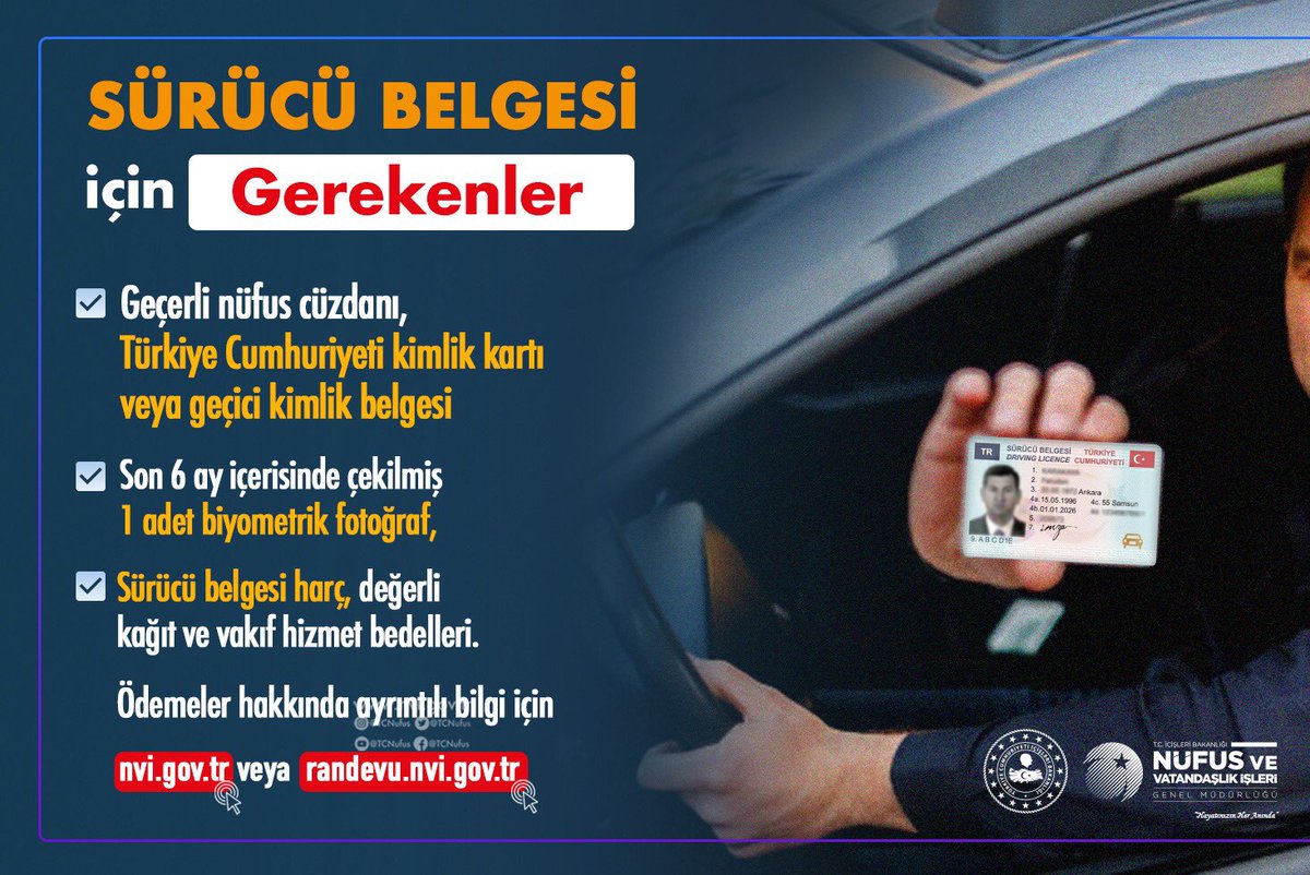 Sürücü Belgesi Değiştirme İçin Son Tarih : 3️⃣1️⃣.1️⃣2️⃣.2️⃣0️⃣2️⃣4️⃣
<a href="/tcbestepe/">T.C. Cumhurbaşkanlığı</a>
<a href="/TC_icisleri/">T.C. İçişleri Bakanlığı</a> 
<a href="/TCNufus/">Nüfus ve Vatandaşlık İşleri Genel Müdürlüğü</a> 
<a href="/EmniyetGM/">Türk Polis Teşkilatı</a>
<a href="/jandarma/">T.C. Jandarma Gn. K</a>
<a href="/AfyonValiligi/">T.C. Afyonkarahisar Valiliği</a> 
<a href="/afyonemniyet/">Afyonkarahisar Emniyet Müdürlüğü</a> 
<a href="/afyoniljandarma/">Afyonkarahisar İl Jandarma Komutanlığı</a> 
#HayatınızınHerAnında 
#SürücüBelgesi 
#Alo199
#Afyonkarahisar
nvi.gov.tr 
randevu.nvi.gov.tr