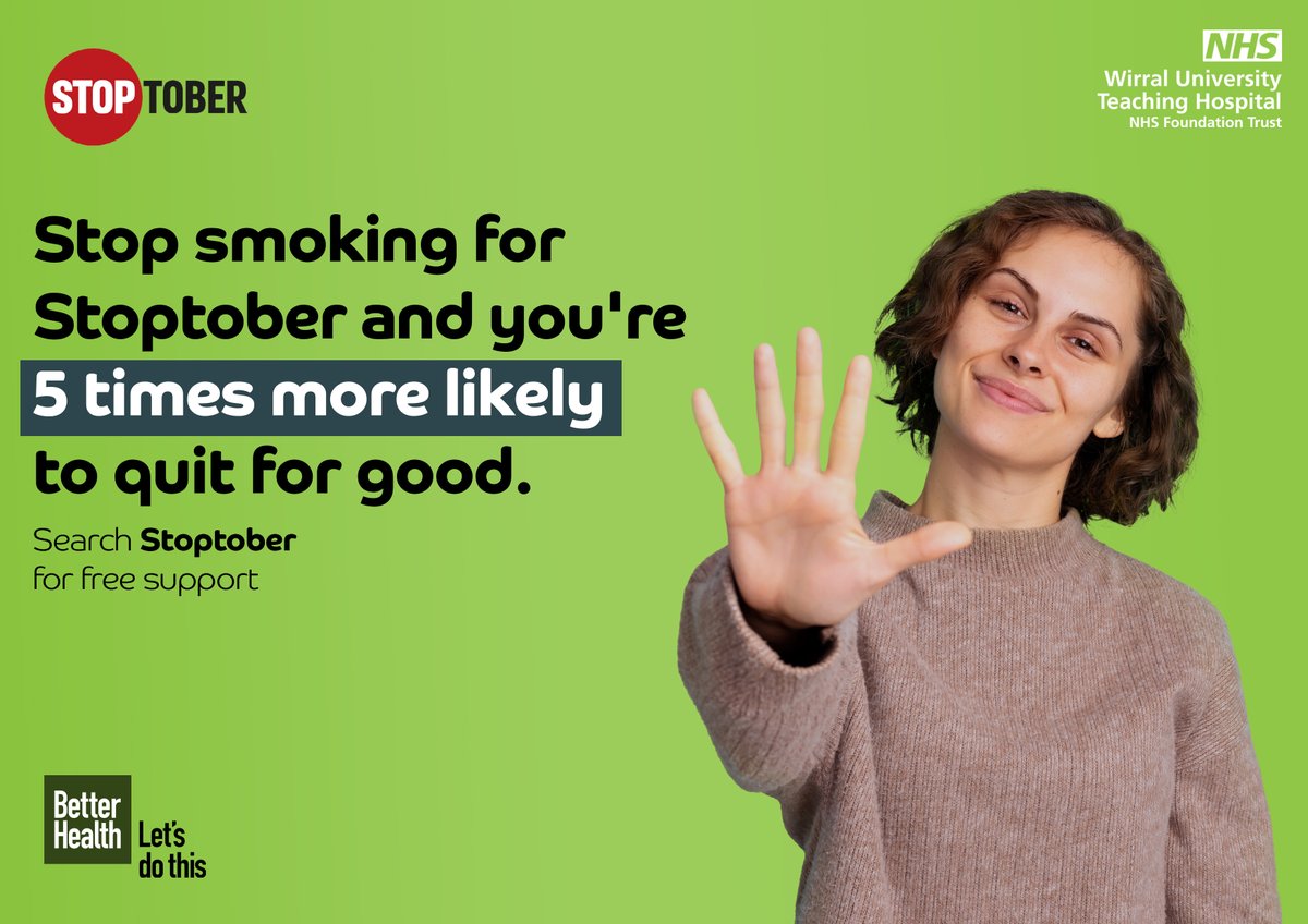 🚭 Get Ready for #Stoptober 🚭
Join thousands this October in the journey to quit smoking. Visit our stall at Arrowe Park Hospital for free advice and support to help you succeed.
📅 Date: Tuesday, 1st October
 🕙Time: 10:00 AM - 2:00 PM
 📍Location: Arrowe Park Hospital foyer