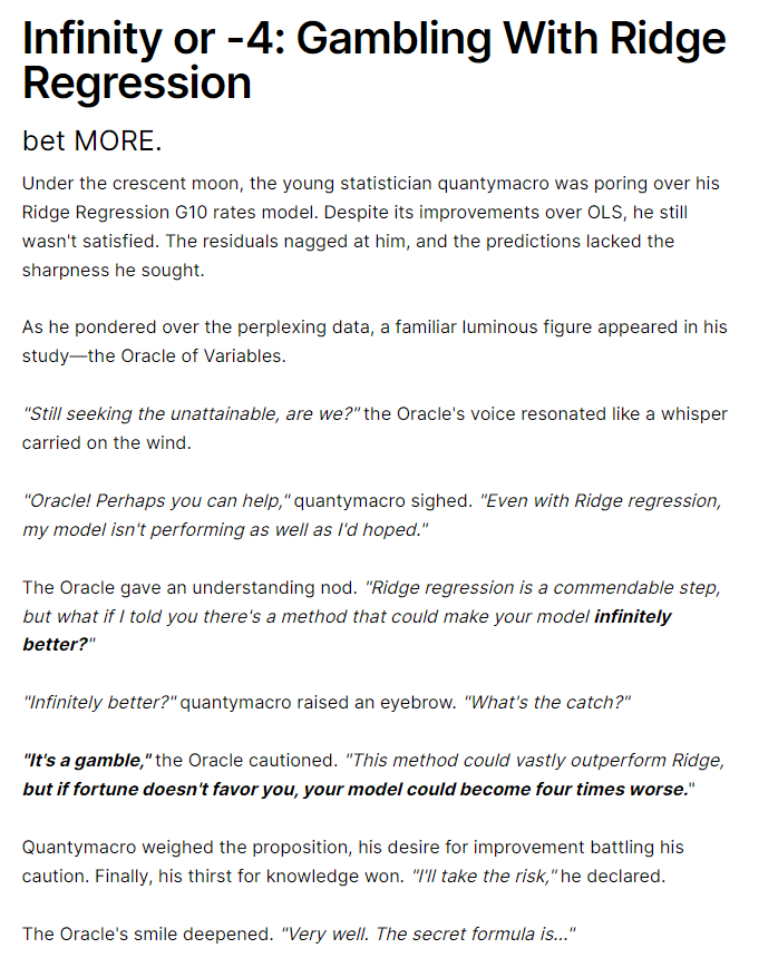 quantymacro's tweet photo. Infinity or -4: Gambling With Ridge Regression

before you abandon Ridge for XGB, you might wanna do this
as always giving access to lucky ones who RT

featuring @macrocephalopod's exclusive leaked  ̷O̷F̷ DM - ceph's advanced regression quant iv questions

ref @__paleologo