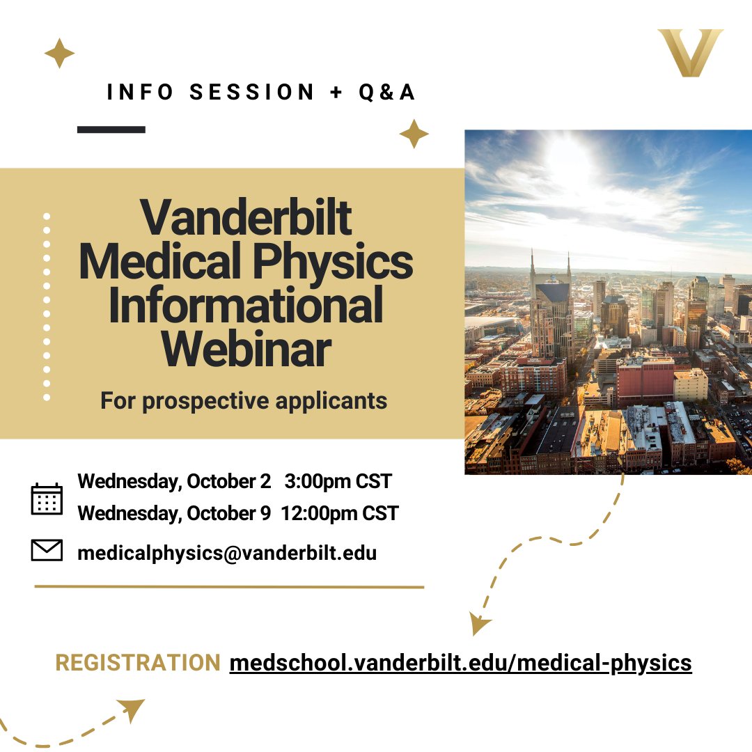 physchick's tweet image. The Vanderbilt University Medical Physics graduate program is hosting webinars for prospective applicants to learn more about the field and our Masters and Doctoral degree programs. Register at the link below! events.teams.microsoft.com/event/880466c9…