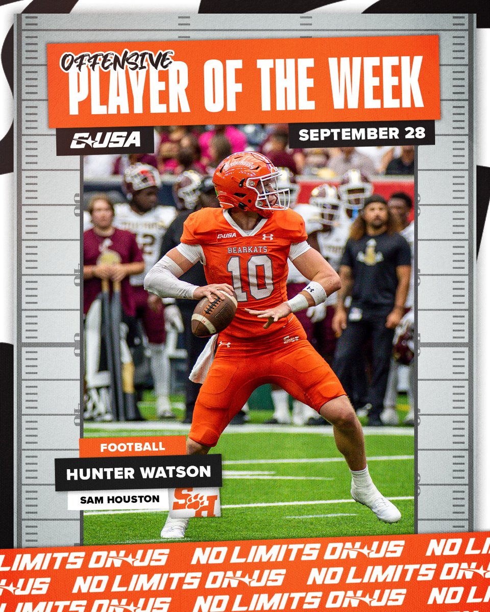 Conference USA (@conferenceusa) on Twitter photo 🏈 OFFENSIVE PLAYER OF THE WEEK 🏈
🏅2⃣ Hunter Watson, <a href="/BearkatsFB/">Sam Houston Football</a>
#NoHayLimites | bit.ly/3ZGgwuD 🏈 OFFENSIVE PLAYER OF THE WEEK 🏈
🏅2⃣ Hunter Watson, <a href="/BearkatsFB/">Sam Houston Football</a>
#NoHayLimites | bit.ly/3ZGgwuD