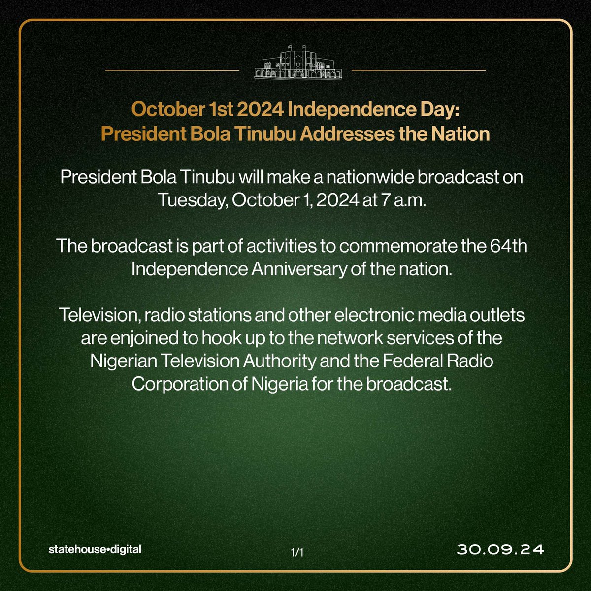 October 1st 2024 Independence Day:
President Bola Tinubu Addresses the Nation