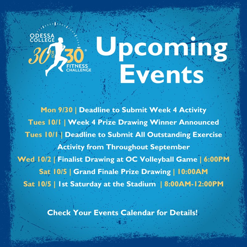 OC_SportsCenter's tweet photo. #OC30For30 Challengers! Congratulations on making it all 30 Days! π Donβt miss these last couple big deadlines & then itβs time to CELEBRATE! π
β
π Finalist Drawing + Bogg Bag Prize Drawing
β
π Grand Finale Prize Drawing + $250 @HEB Gift Card Prize Drawing https://t.co/ATzvdgWlMm