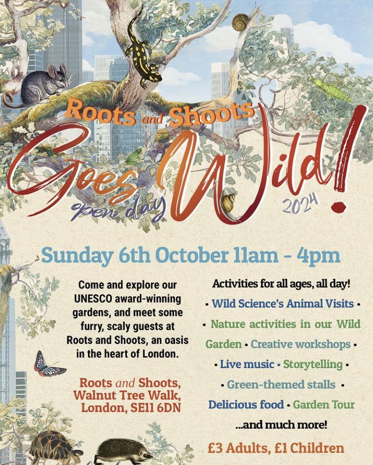 <a href="/rootshoot/">Roots and Shoots</a> GOES WILD! 
This Sunday Oct 6, 11am-4pm. 
A fun-packed #community open day for all ages with #nature hunt, workshops, walks &amp; tours. Homemade #cakes, #vegan food &amp; fab new shop!
A cake for the cake stall gets you in FREE!Want to help? email office@rootsandshoots.org.uk