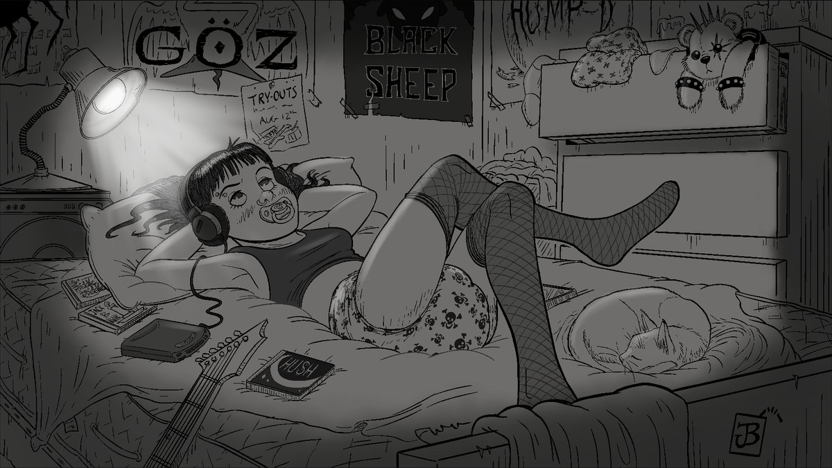 After a long day, it's nice to settle down and unwind with some loud, ear-splitting but somehow age-appropriate music. 

[check my Substar (access thru my bio) for more art, discord access and exclusive WIP discord calls where you can watch me draw each one of these!]