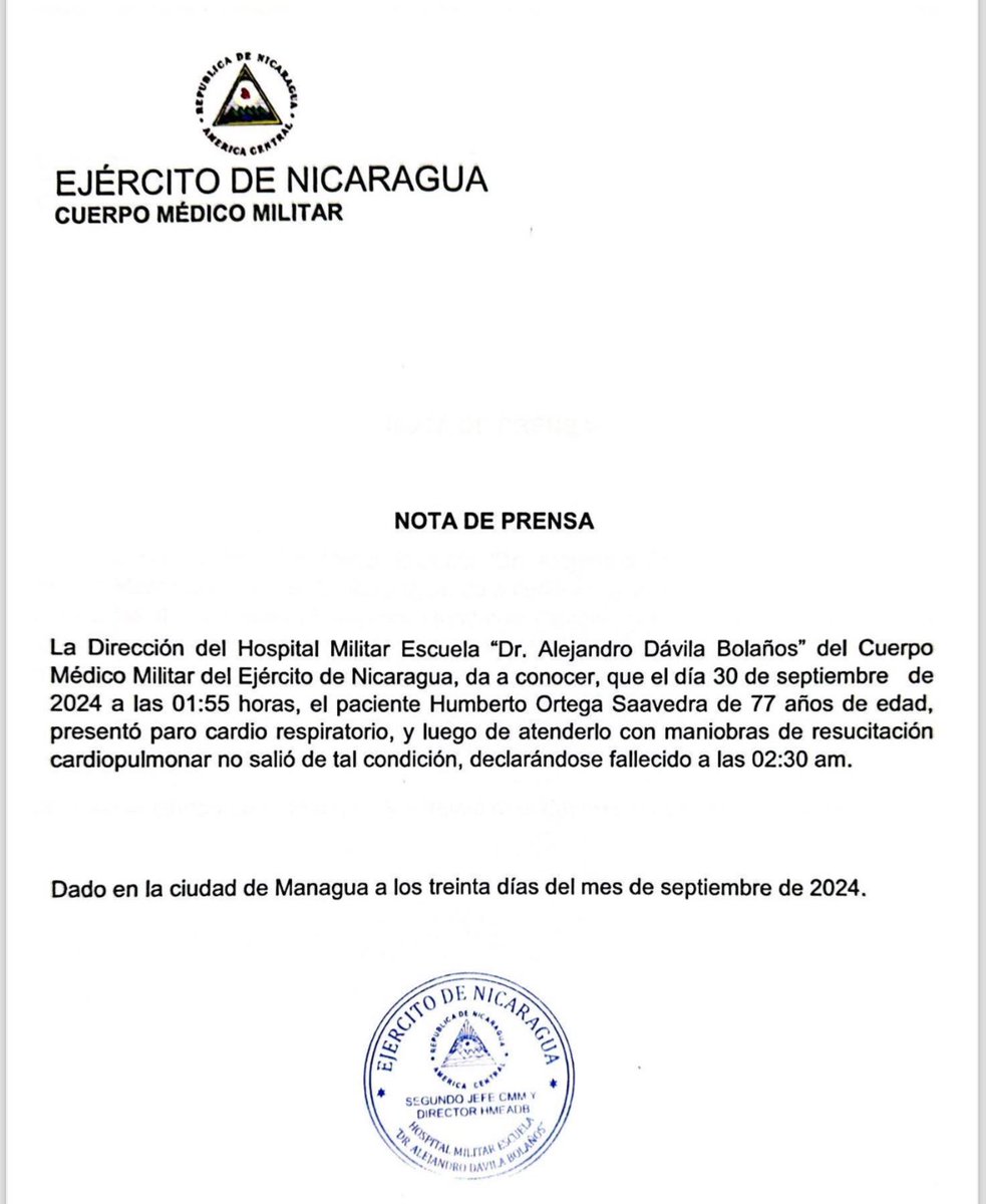 Falleció el General en retiro Humberto Ortega Saavedra, 77 años, por paro cardio respiratorio, anunció el Hospital Militar del Ejército de Nicaragua.