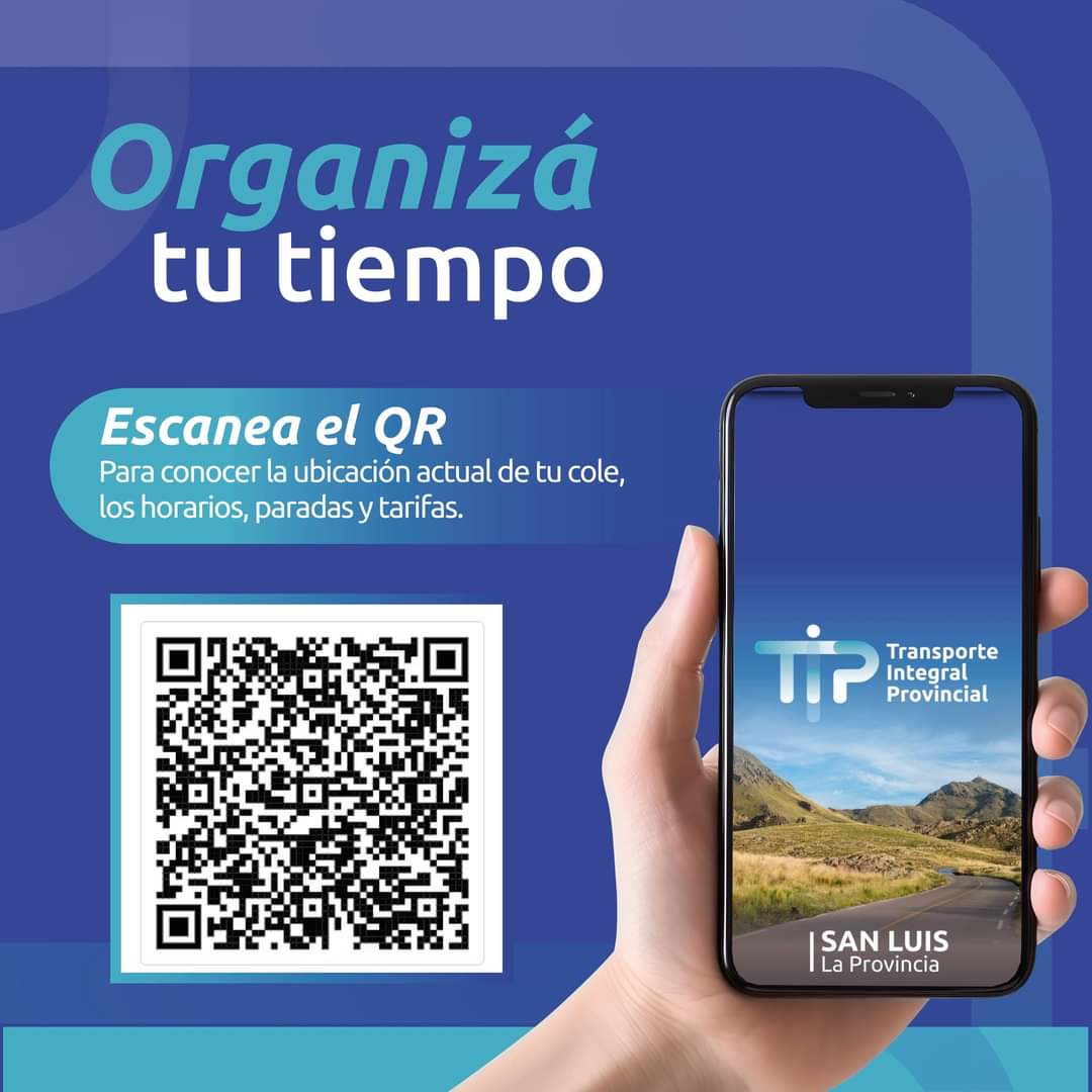 🚌✨ ¡GRAN NOTICIA! Hoy lanzamos la web app del Transporte Integral Provincial (TIP). 

Podrás acceder a tu TIP escaneando el QR y sabrás en tiempo real dónde viene tu colectivo, así como las paradas, horarios, frecuencias y tarifas. 🕒📲

¡Organizá tu tiempo! 🚍💨