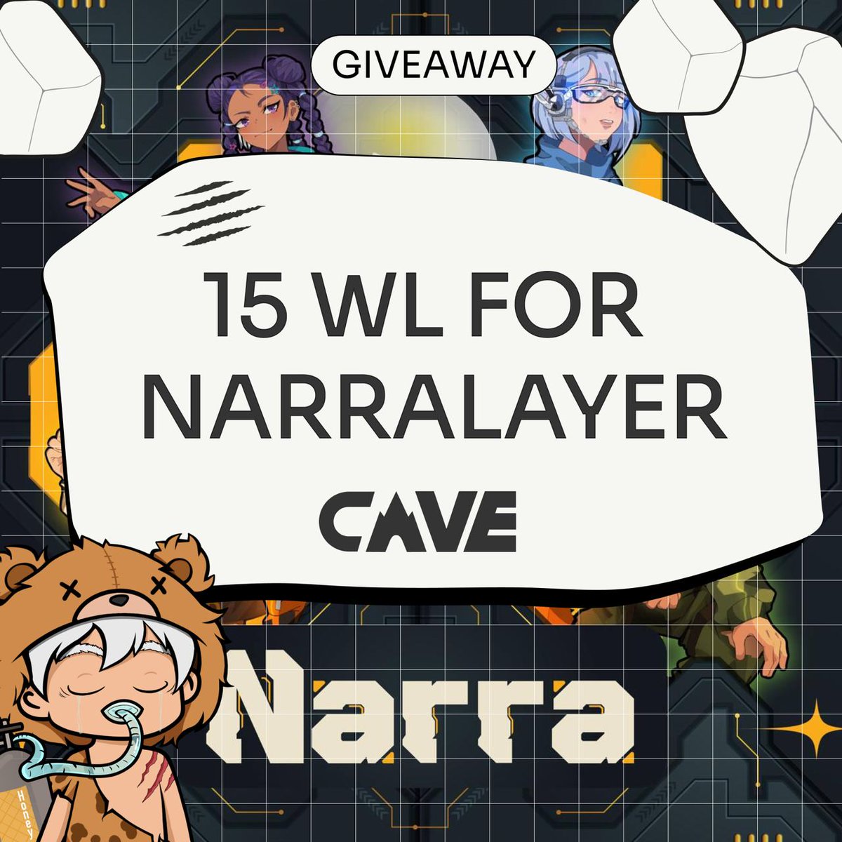 Bozos asked Eggs, here they are:

15x WLs for <a href="/narralayer/">Narra</a> (FREE-MINT) - chief of AI-driven gamification with web3 immersion

To join:
• Like &amp; RT
• Follow <a href="/cave_off/">CAVE</a> <a href="/narralayer/">Narra</a>
• Join t.me/cave_off &amp; check other conditions