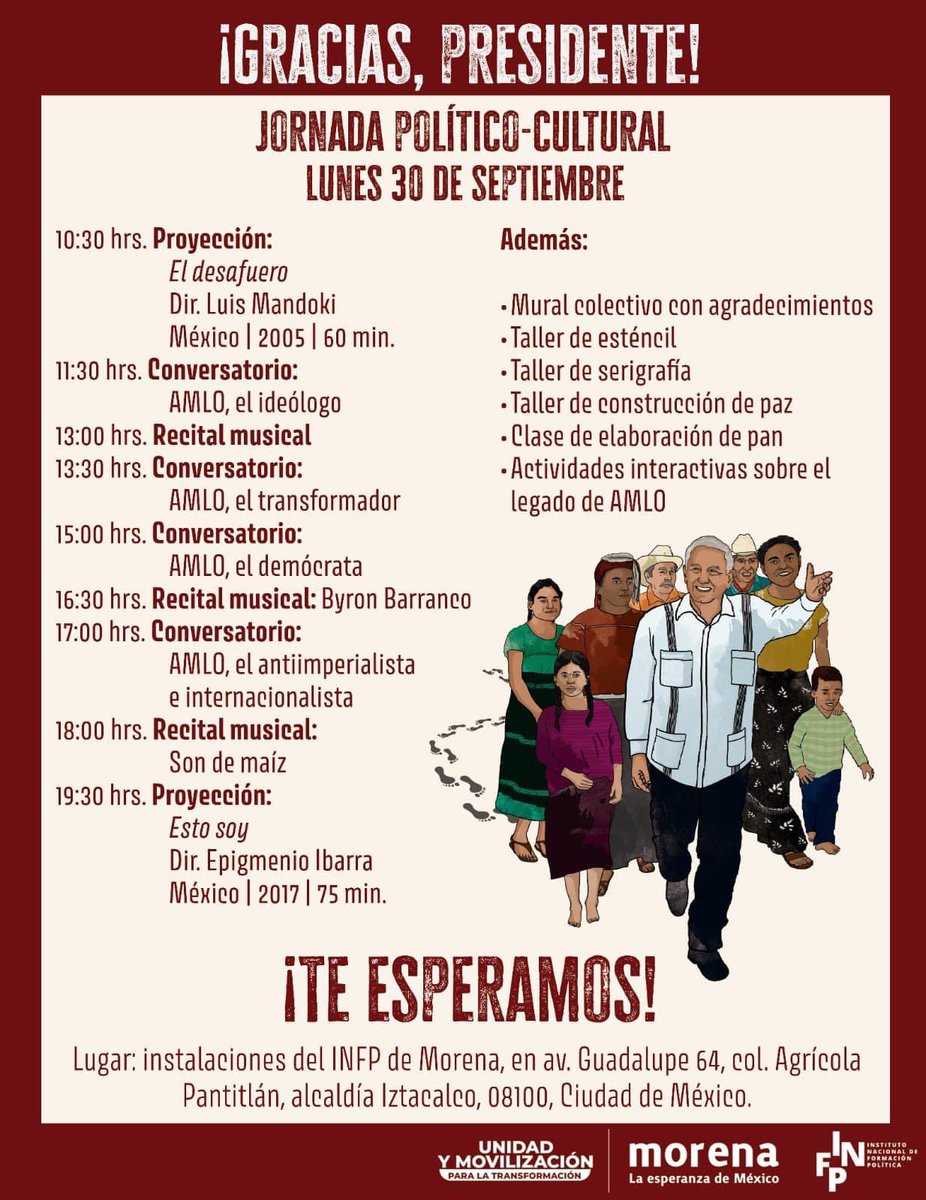 infpmorena's tweet photo. Les compartims nuestra cartelera formativa del día:

⭕️ Jornada Política Cultura “Gracias, Presidente”.
🗓️ Lunes 30 de septiembre.
⏰ Desde las 10:30 hrs.
📌 Actividad presencial en las instalaciones del INFP Morena.
💻 Transmisión de algunas de las actividades por nuestras redes sociales.

⭕️ Diálogos desde el municipio.
⏰ 20:00 hrs.
💻 Transmisión en nuestras redes sociales.
@PFM_Morena
