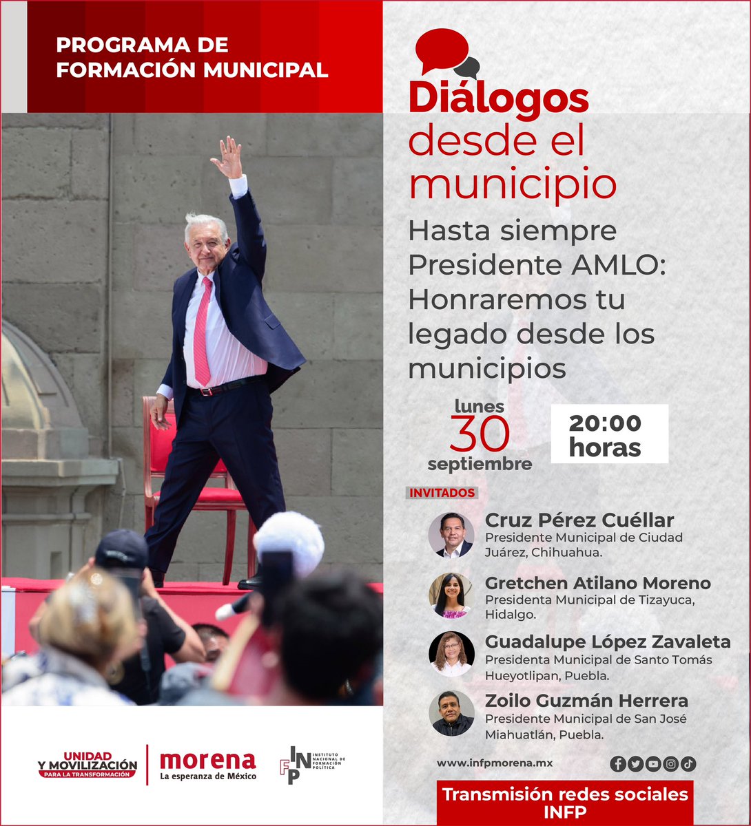infpmorena's tweet photo. Les compartims nuestra cartelera formativa del día:

⭕️ Jornada Política Cultura “Gracias, Presidente”.
🗓️ Lunes 30 de septiembre.
⏰ Desde las 10:30 hrs.
📌 Actividad presencial en las instalaciones del INFP Morena.
💻 Transmisión de algunas de las actividades por nuestras redes sociales.

⭕️ Diálogos desde el municipio.
⏰ 20:00 hrs.
💻 Transmisión en nuestras redes sociales.
@PFM_Morena