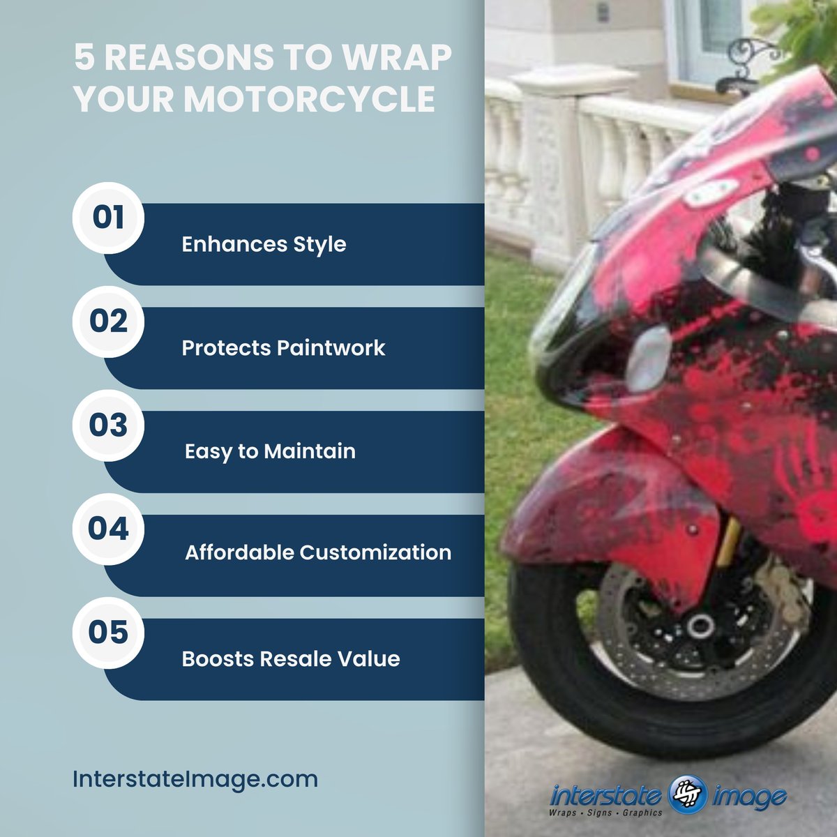 Interstateimage's tweet image. Why wrap your motorcycle? Here are the top 5 reasons! Give your ride the upgrade it deserves! 🏍️⚡ 
bit.ly/47zRtda 
#MotorcycleWrap #RideUpgrade