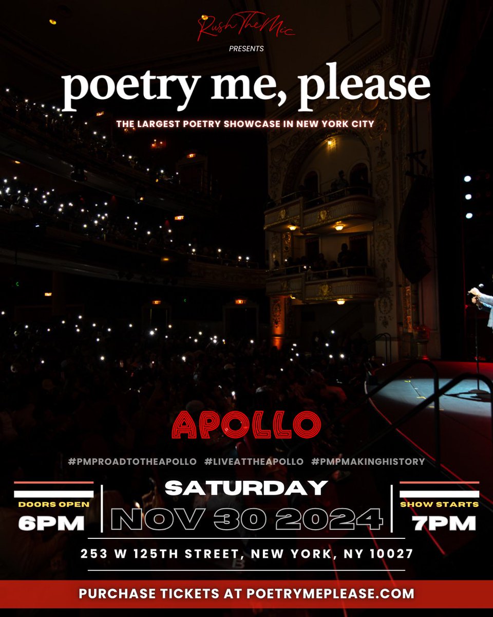 poetrymeplease's tweet photo. 🚨Calling All Poets! 🚨

Are you ready to make history and hit the legendary stage with poetry me, please at The Apollo!? 🏆🔥

This year we’re offering 3 exciting ways for YOU to secure a spot at the largest poetry showcase in NYC on 11.30.24! 

More slots, more Poets 🎙️— Check out our categories:

1️⃣ People’s Choice 🗳️ (10/7-10/18)
2️⃣ Homage & Innovation 💐 (10/21-10/30)
3️⃣ PMP Impact 🤩 (10/21-10/31)

We’ll be sharing guidelines for each challenge throughout the week. 

Be sure to follow us so you don’t miss out.