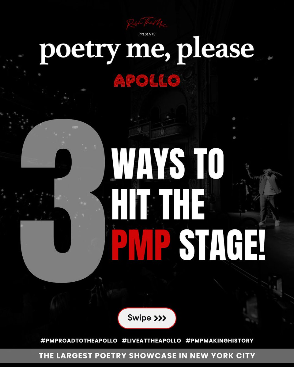poetrymeplease's tweet photo. 🚨Calling All Poets! 🚨

Are you ready to make history and hit the legendary stage with poetry me, please at The Apollo!? 🏆🔥

This year we’re offering 3 exciting ways for YOU to secure a spot at the largest poetry showcase in NYC on 11.30.24! 

More slots, more Poets 🎙️— Check out our categories:

1️⃣ People’s Choice 🗳️ (10/7-10/18)
2️⃣ Homage & Innovation 💐 (10/21-10/30)
3️⃣ PMP Impact 🤩 (10/21-10/31)

We’ll be sharing guidelines for each challenge throughout the week. 

Be sure to follow us so you don’t miss out.