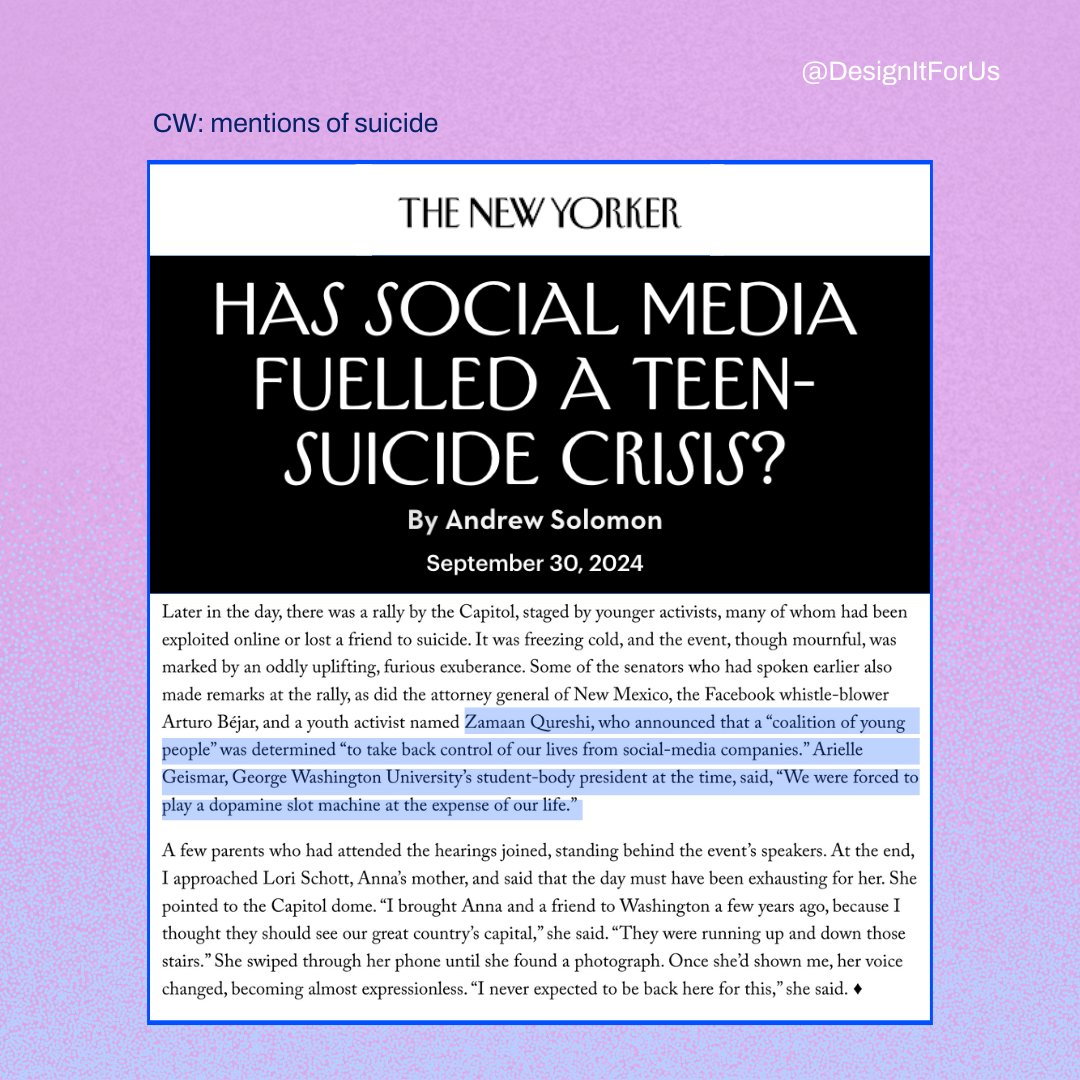 CW: mentions of suicide

At the heart of all our advocacy are the countless stories of young people whose lives were put at risk for the benefit of Big Tech’s bottom line. We know we deserve better.