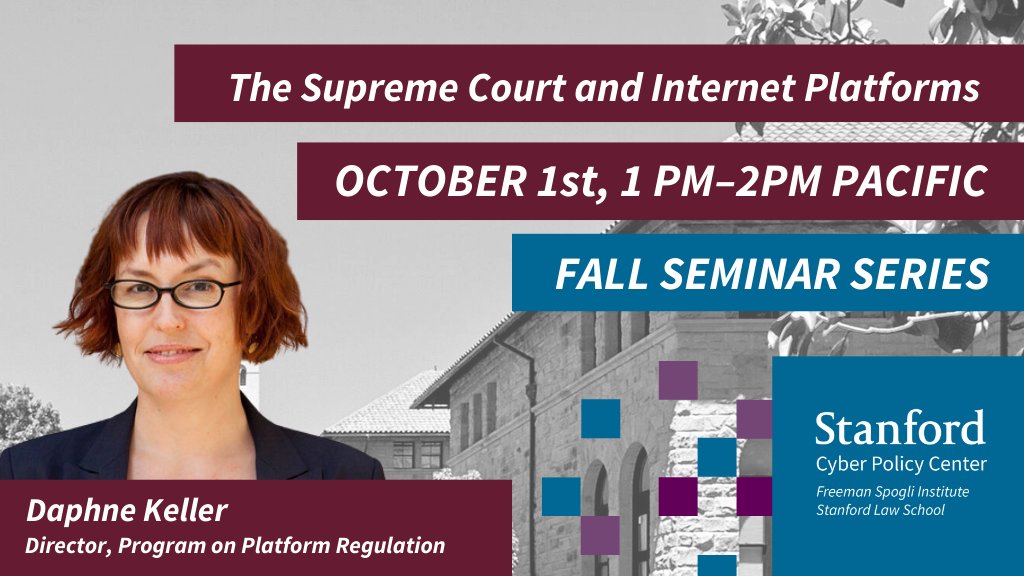 Cyber Policy Center (@stanfordcyber) on Twitter photo Tomorrow, 1 PM Pacific, <a href="/daphnehk/">Daphne Keller</a> joins <a href="/persily/">Nate Persily</a> to discuss major new rulings about platforms and online speech.
Register to join us! 🔗
cyber.fsi.stanford.edu/events/october… Tomorrow, 1 PM Pacific, <a href="/daphnehk/">Daphne Keller</a> joins <a href="/persily/">Nate Persily</a> to discuss major new rulings about platforms and online speech.
Register to join us! 🔗
cyber.fsi.stanford.edu/events/october…