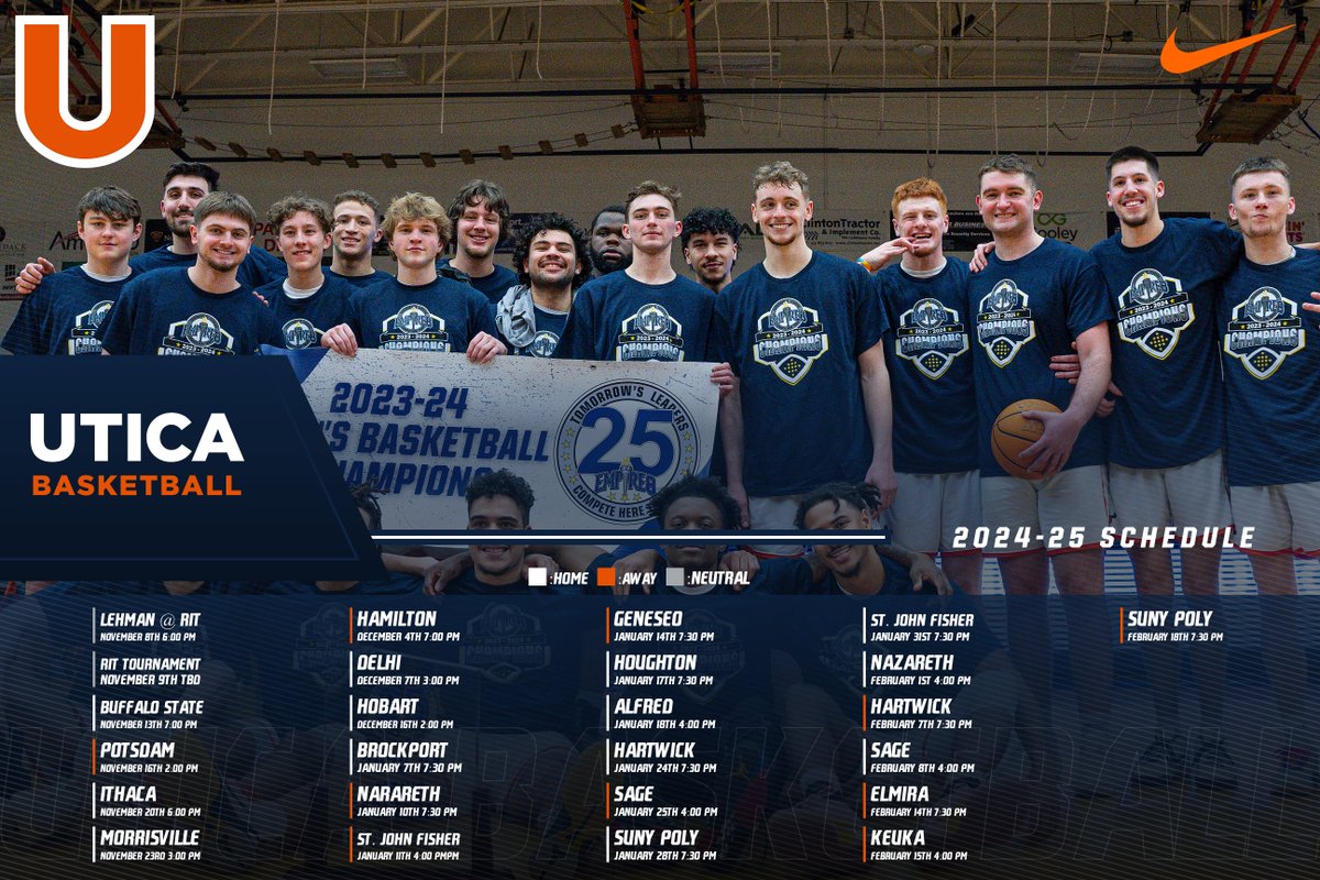 The reigning E8 champs are back! Here's the 2024-25 Utica men's basketball schedule, as we kick off our season on November 8th at RIT.