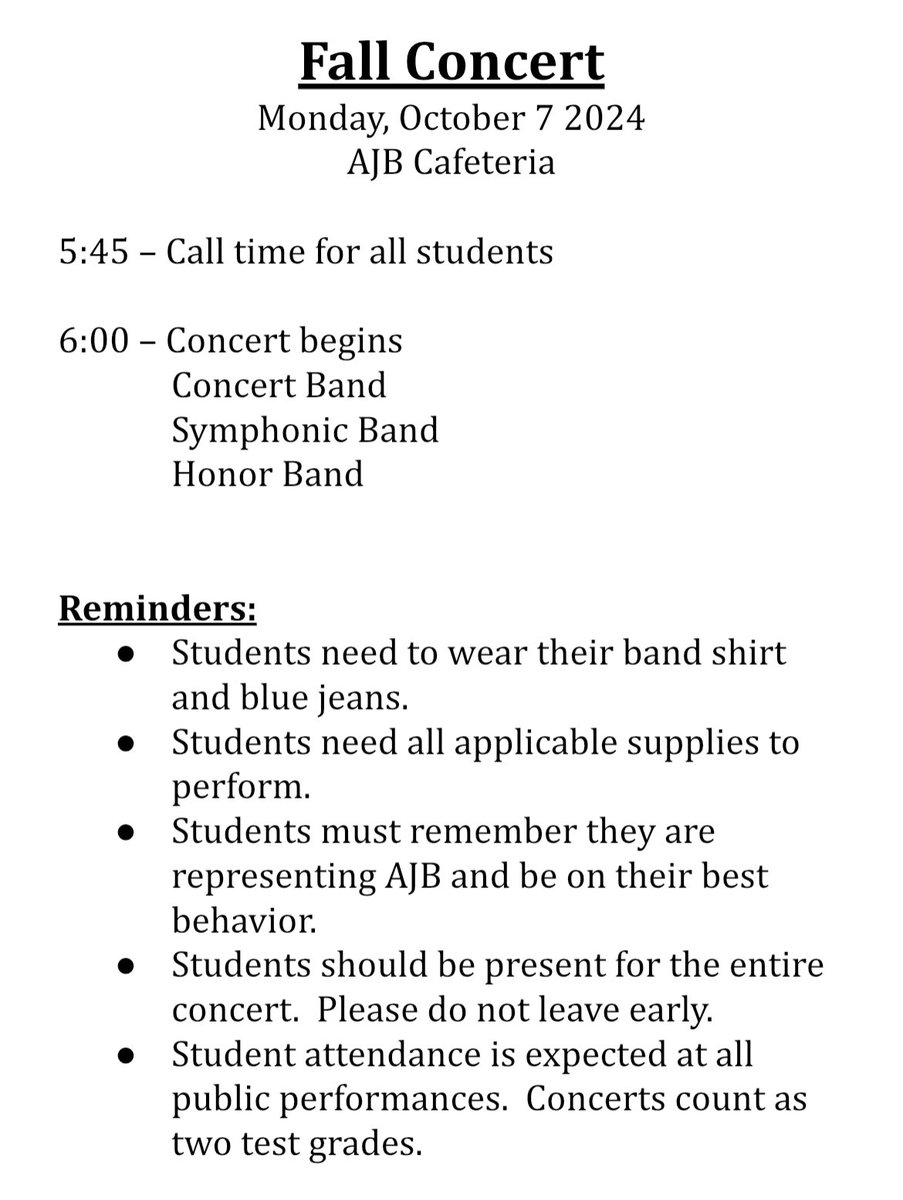 Info for our Fall Concert can be found below. This concert is for advanced band members. 
#MusicForAll #FallConcert