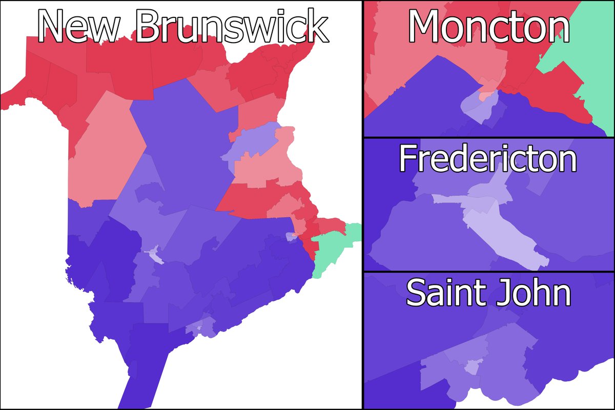 RealAlbanianPat's tweet image. New Brunswick Electoral Model Update

🔵PC: 27 seats (nc) | 40.3% (+0.9%)
🔴LIB: 21 seats (+4) | 42.8% (+8.5%)
🟢GRN: 1 seat (-2) | 12.9% (-2.4%)
🟣PAN: 0 seat (-2) | 1.1% (-8.1%)

Progressive Conservative Majority Government

Feel free to ask for any ridings