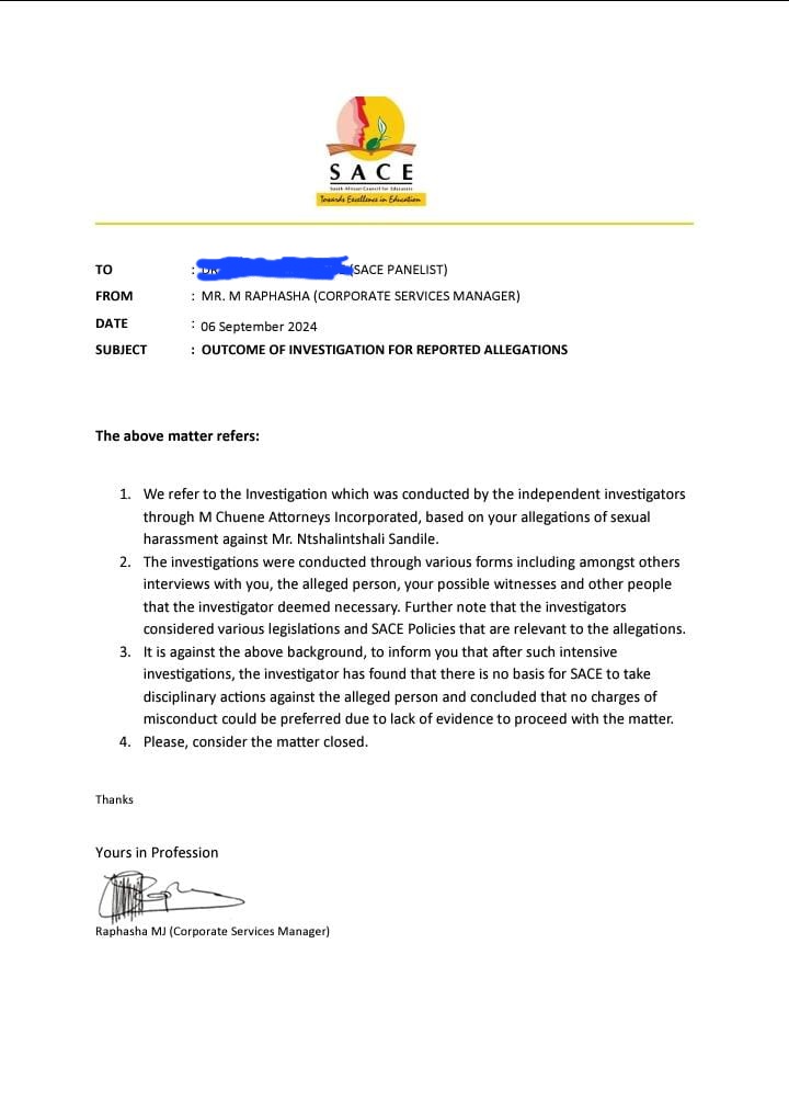 Am_Blujay's tweet photo. This is Mr Sandile Ntshalintshali,  the manager of South African Council for Educators (SACE) Legal and Ethics Department. 
Sandile is said to be sending unwelcome sexual messages to SACE female workers.

When they report, SACE tells them that it is not sexual harassment and closes the case. SACE also makes the ladies sign none disclosure agreements as a way to protect Mr Ntshalintshali. How is SACE safeguarding the professionalism of the profession if it's protecting managers like Sandile Ntshalintshali? Teachers, see your Council.