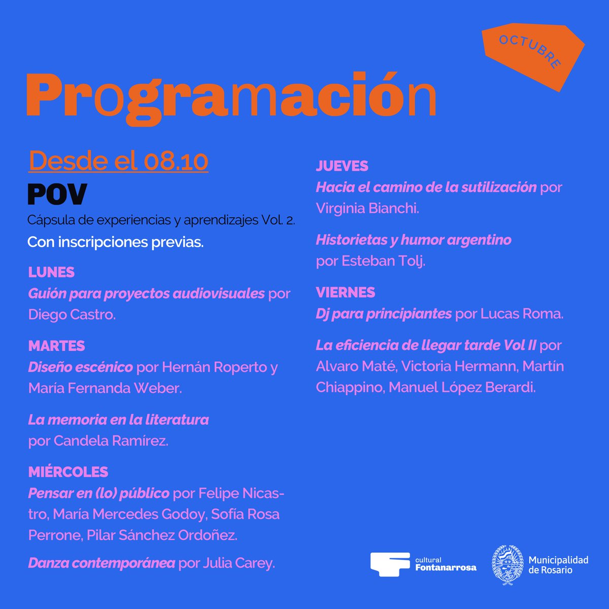 OCTUBRE EN EL FONTANARROSA 🚀🪩
💥Arrancamos el mes con una programación repleta de propuestas y actividades para todo público! 
🕛Nuevos horarios de atención al público: lu/vi de 12 a 19 y sáb/dom de 10 a 19 h
✍️ últimos días para anotarte en #POV
🎶se viene un nuevo #shippear