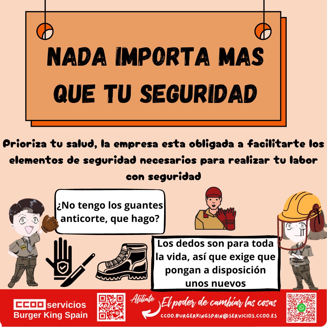 ccooburgerking's tweet photo. La seguridad no solo es importante para el personal de reparto.
Siempre que vayas a realizar una tarea peligrosa, la empresa debe proporcionarte material de seguridad.
Recuerda, el trabajo es para unos años, los dedos para toda la vida. https://t.co/p9dsT56zTZ