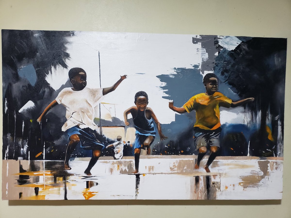 samobi254's tweet photo. Completed:
"Joy in Motion: Three children run through puddles, embracing the carefree spirit of play and childhood freedom." https://t.co/B33XpK8ju2