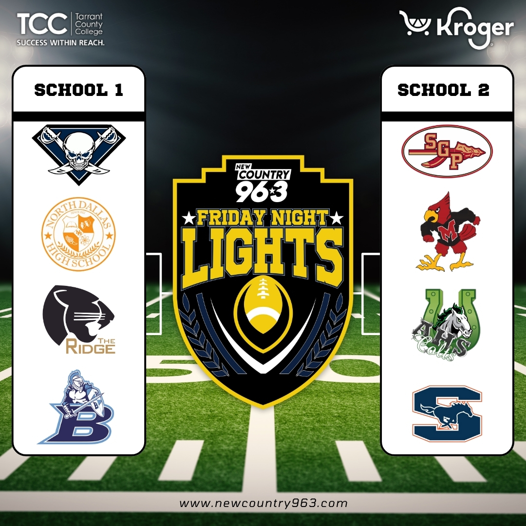 ROUND 3 HAS BEGUN!

New Country 96.3, <a href="/KrogerDFW/">Kroger News Dallas</a> and <a href="/TCCollege/">TarrantCountyCollege</a> are bringing you Friday Night Lights with a Texas-sized twist!

Round 3 ends Monday, October 14th at 10:00am!! 

Head to newcountry963.com to vote for your school and help them advance to Round 4!